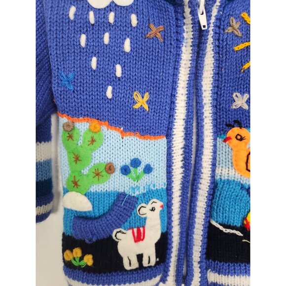 Grupo Peruvian Toddler Sz. 2 Hooded Full Zip Sweater Blue Hand Embroidered - Picture 4 of 6